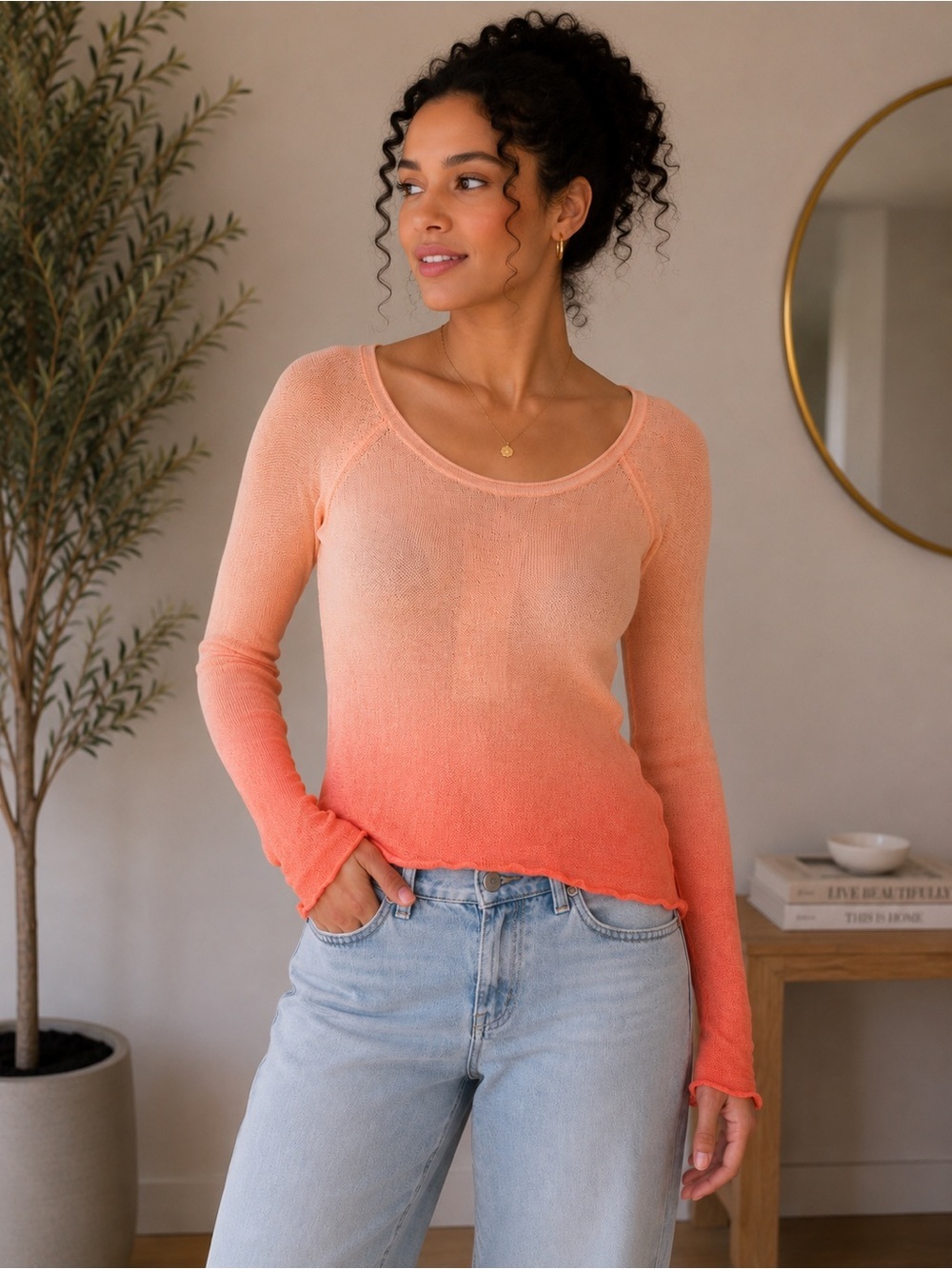 NWT! One Step Up Peach Ombre Cotton Blend Lightweight Knit Top. Size: Medium